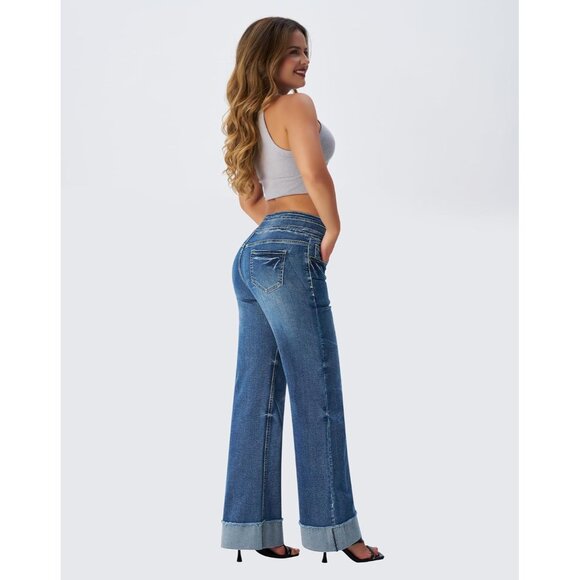 Women's High Waisted Stretch Wide Leg Denim Jeans Cuffed Baggy Pants - Picture 2 of 6